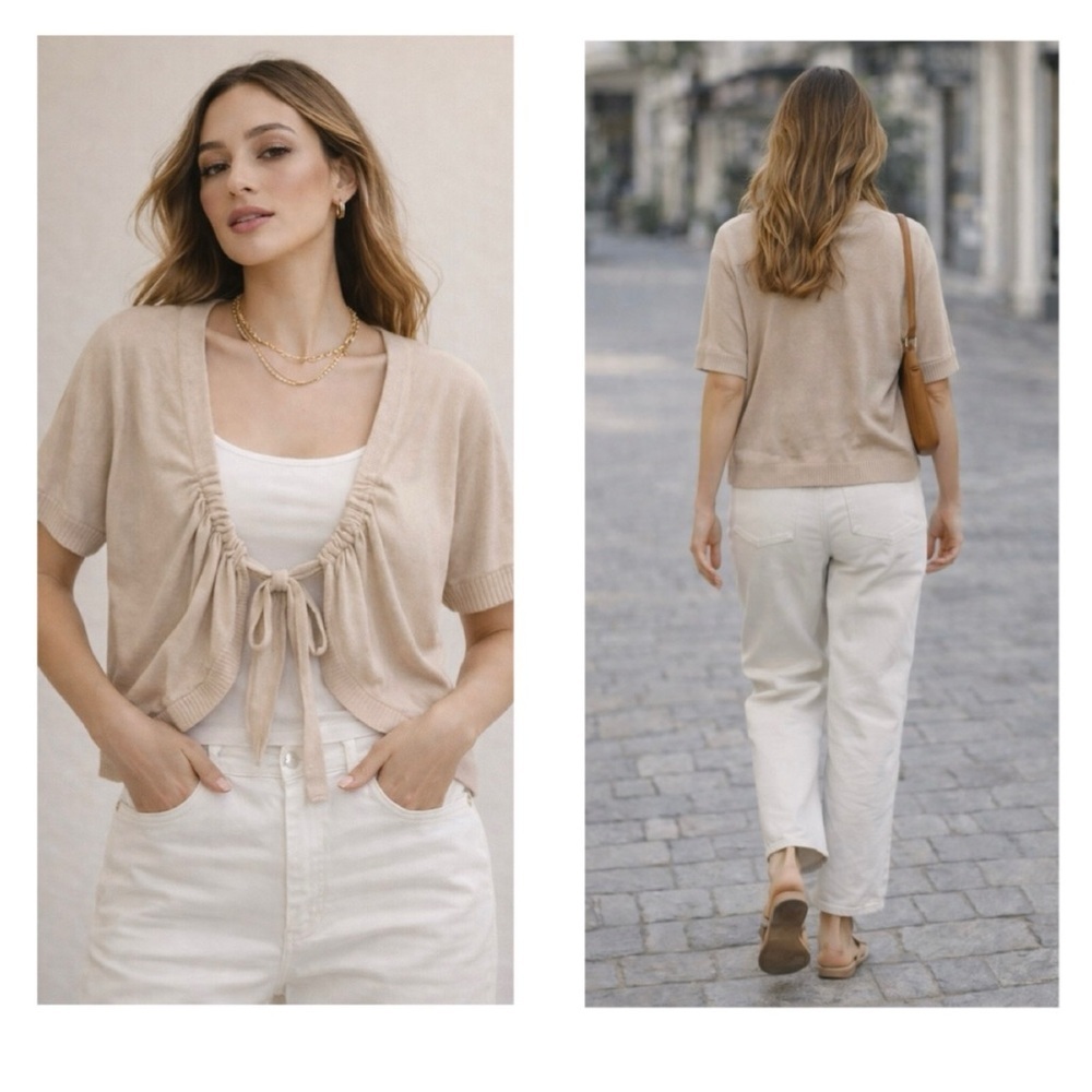 ECHO VERDE Tie Front Bolero Cardigan Beige Ruched Knit Eco Sweater Sz S $95